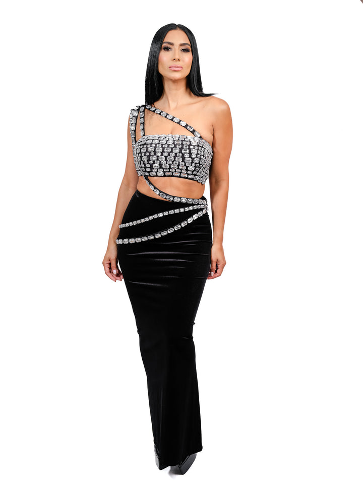 Set Estilo Cleopatra Negro Falda Pana Top Piedras Plata