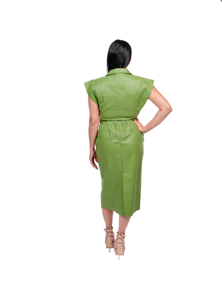 Green Leather Skirt & Shirt Set