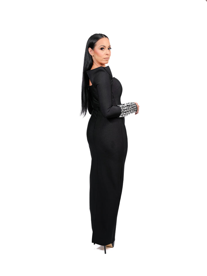 Black Off-Shoulder Bandage Gown with Stone-Embellished Sleeves