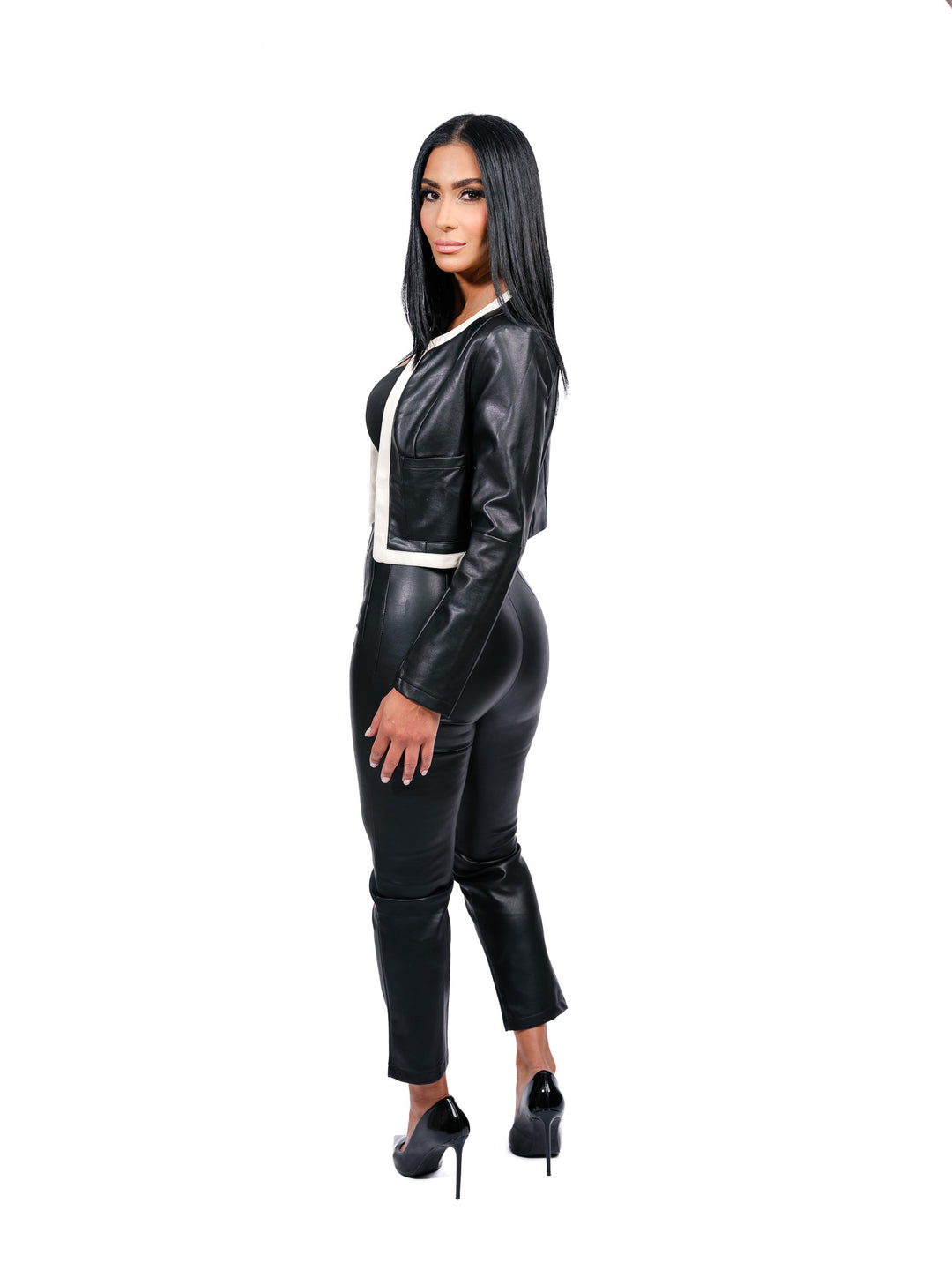 Black Leather Set – Jacket & High-Waisted Pants