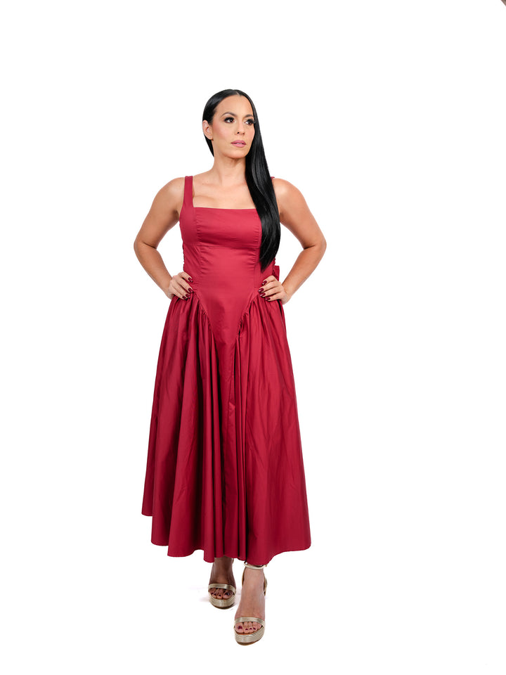 Wine Red Long Dress – Bow Back & Open-Back Design