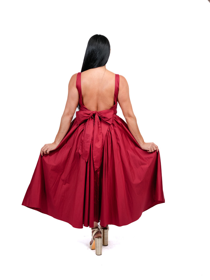 Wine Red Long Dress – Bow Back & Open-Back Design