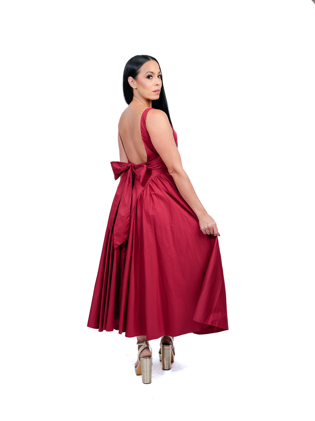 Wine Red Long Dress – Bow Back & Open-Back Design