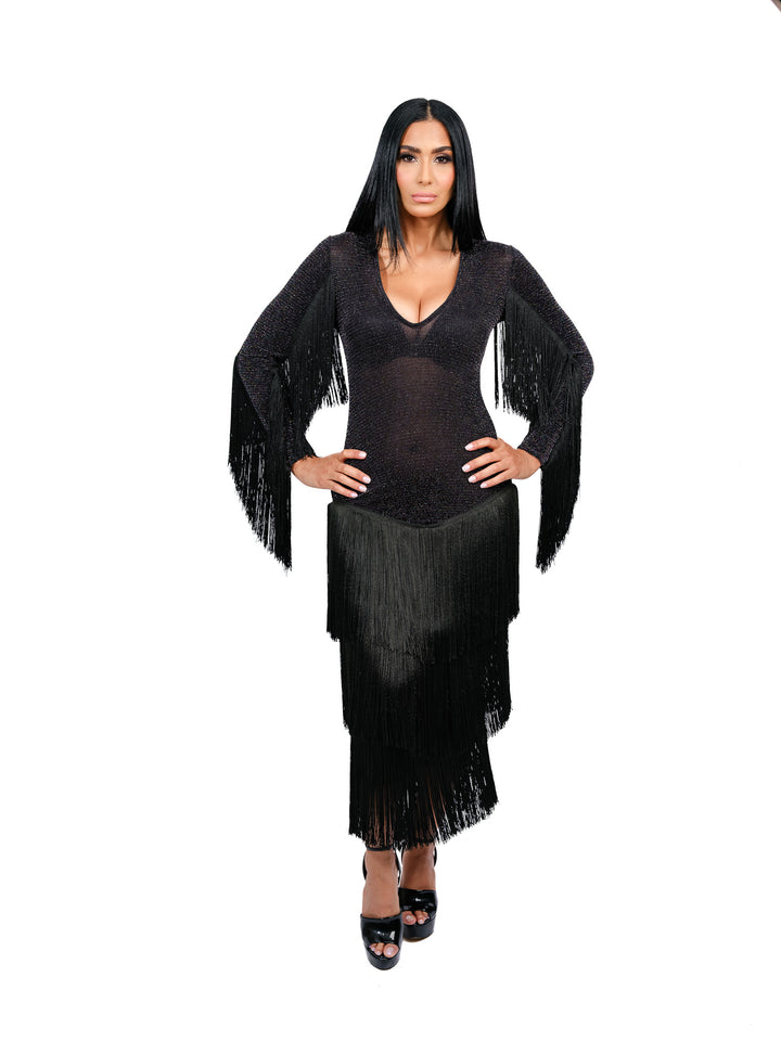 Bless Black Fringe Dress with Sleeve Detailing