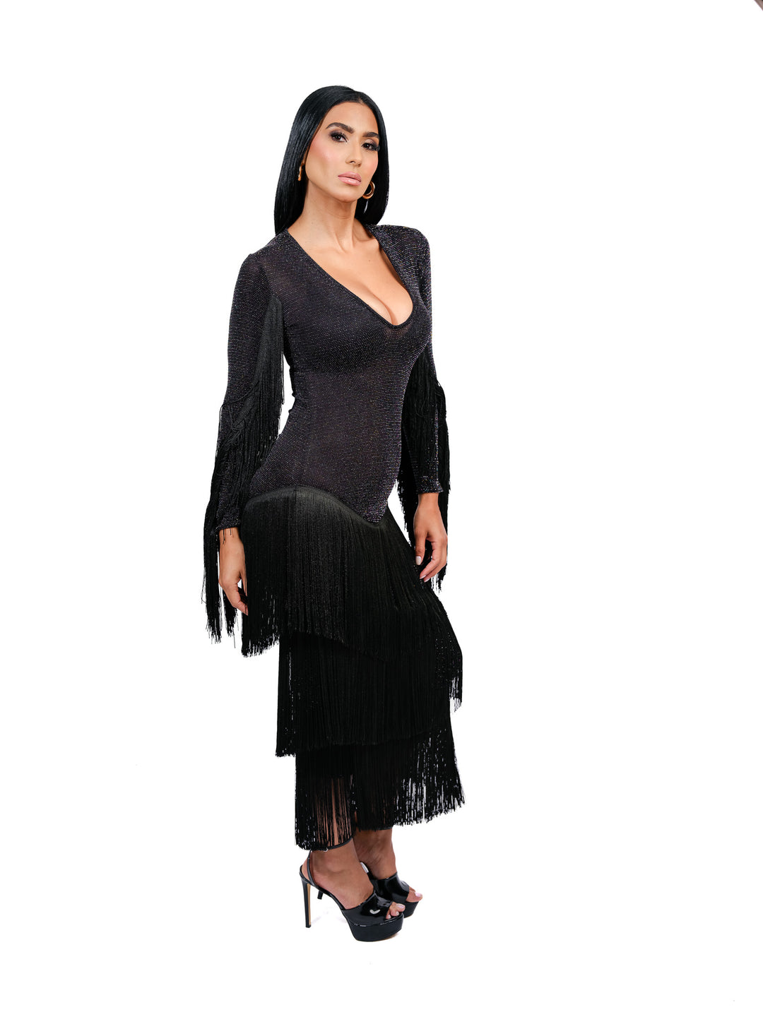 Bless Black Fringe Dress with Sleeve Detailing