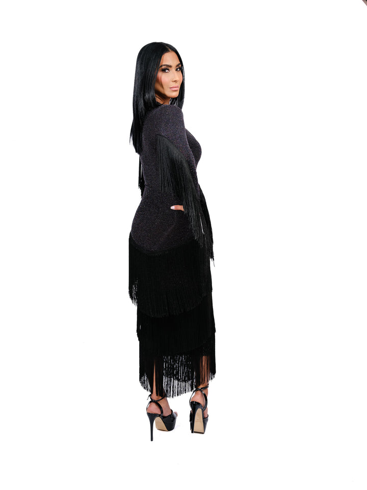 Bless Black Fringe Dress with Sleeve Detailing