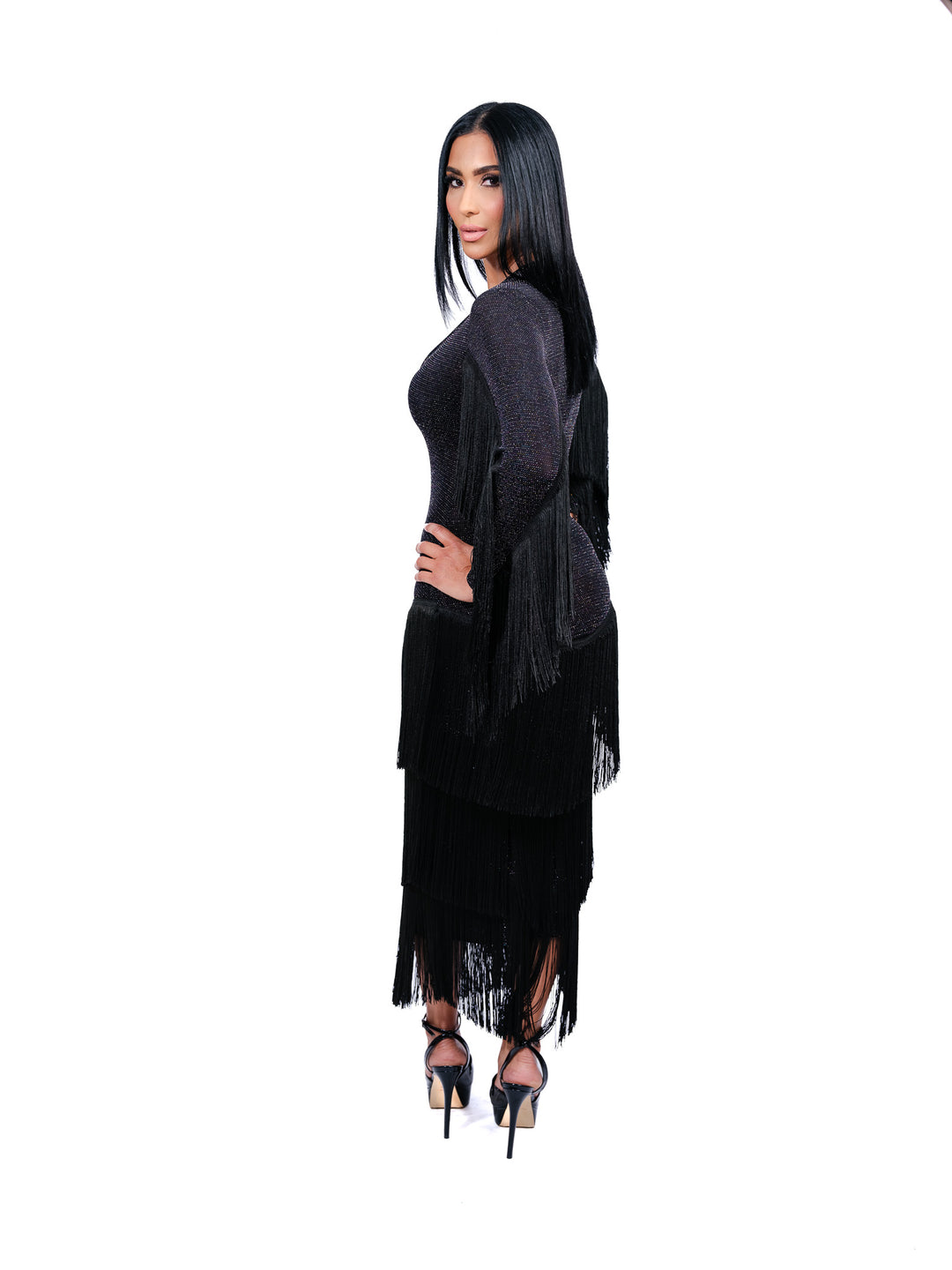 Bless Black Fringe Dress with Sleeve Detailing