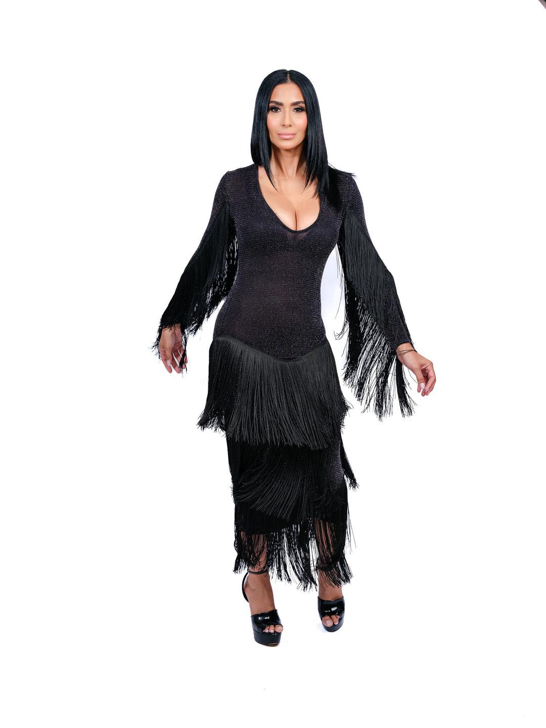 Bless Black Fringe Dress with Sleeve Detailing