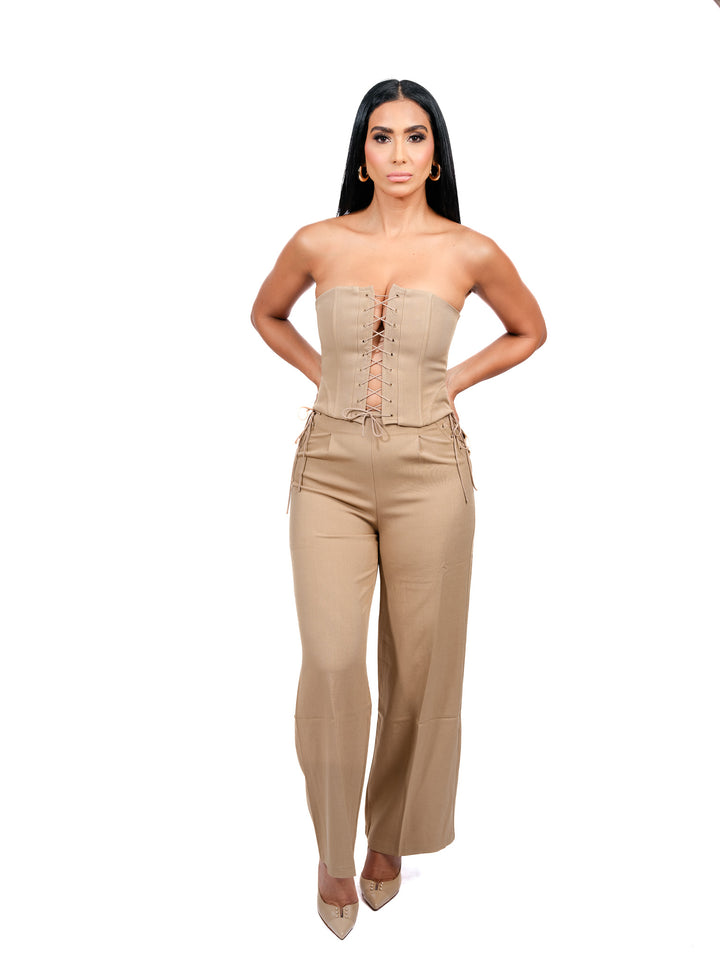 Light Brown Set – Long Pants & Bustier Top with Lace Details