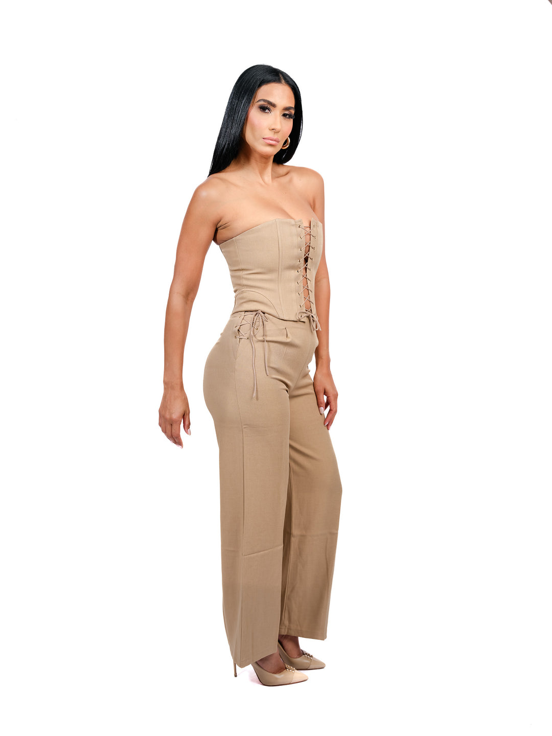 Light Brown Set – Long Pants & Bustier Top with Lace Details