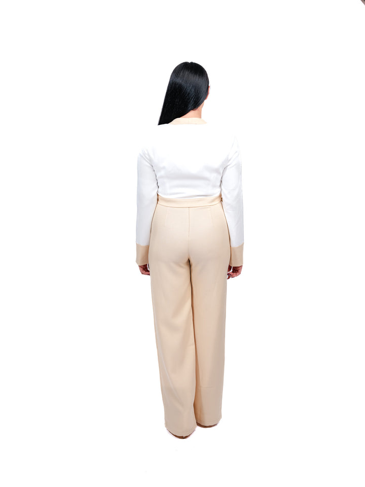 Cream & White Long Jacket and Pants Set