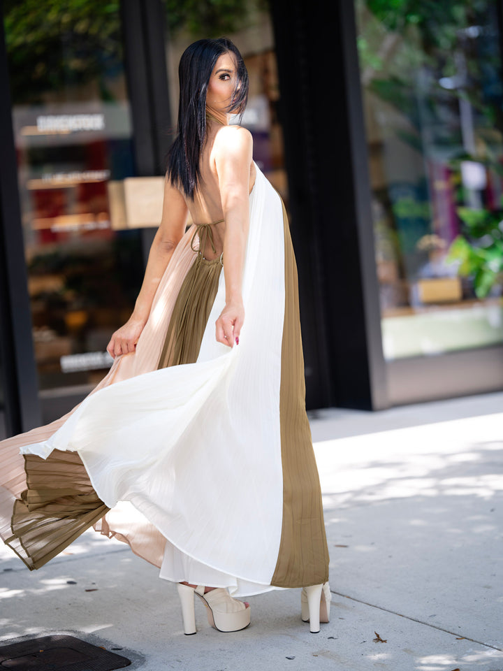 Green, Cream, and Brown Maxi Dress