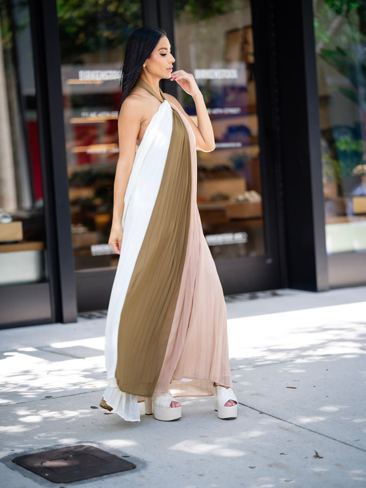 Green, Cream, and Brown Maxi Dress