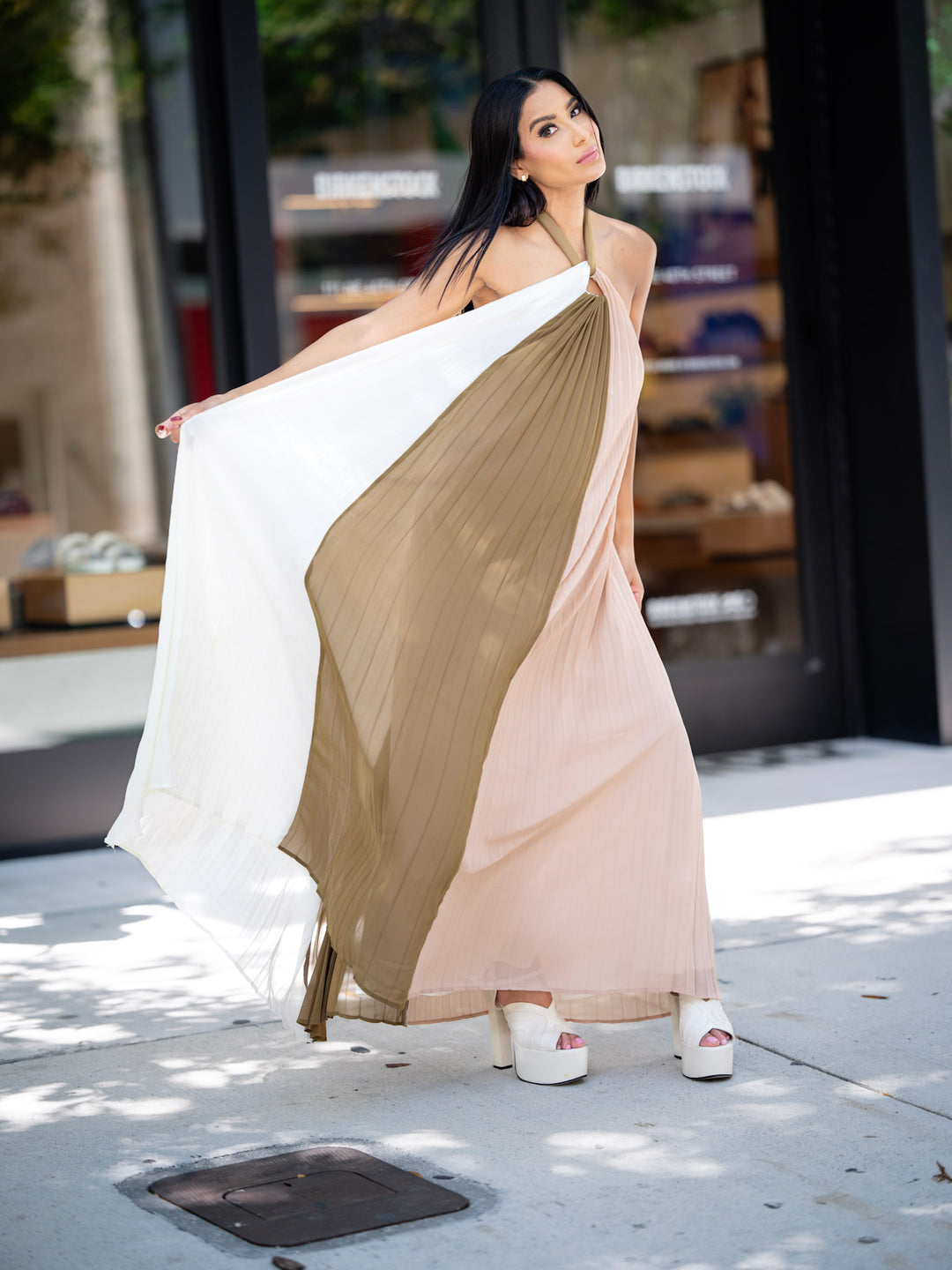 Green, Cream, and Brown Maxi Dress