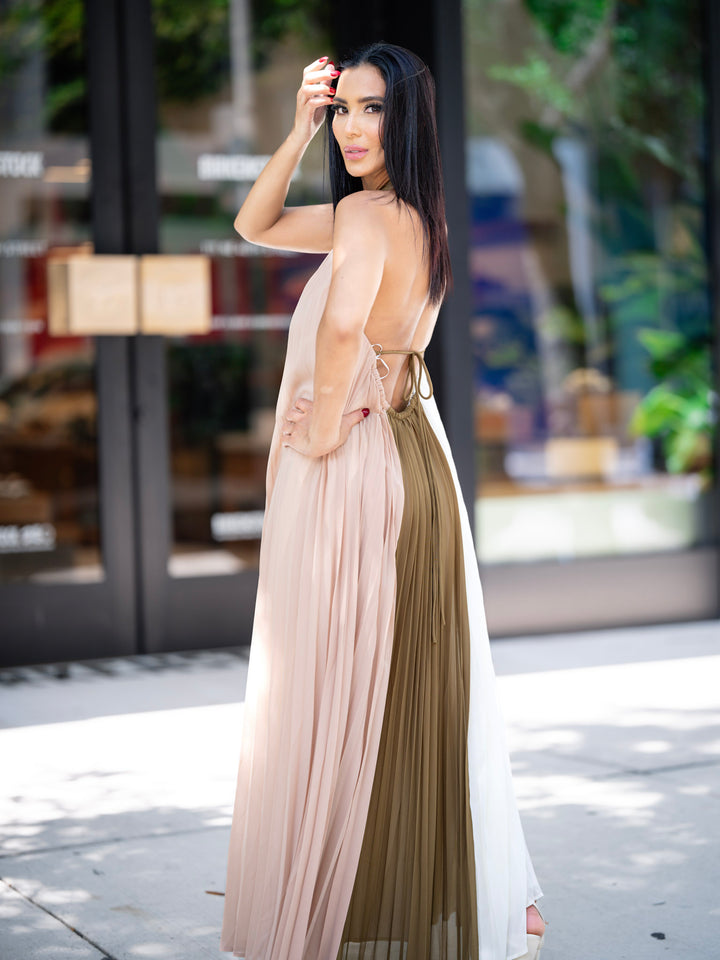 Green, Cream, and Brown Maxi Dress