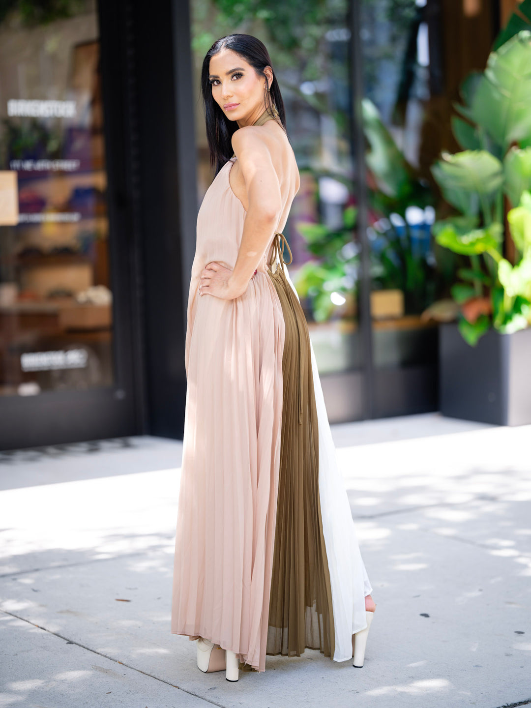 Green, Cream, and Brown Maxi Dress