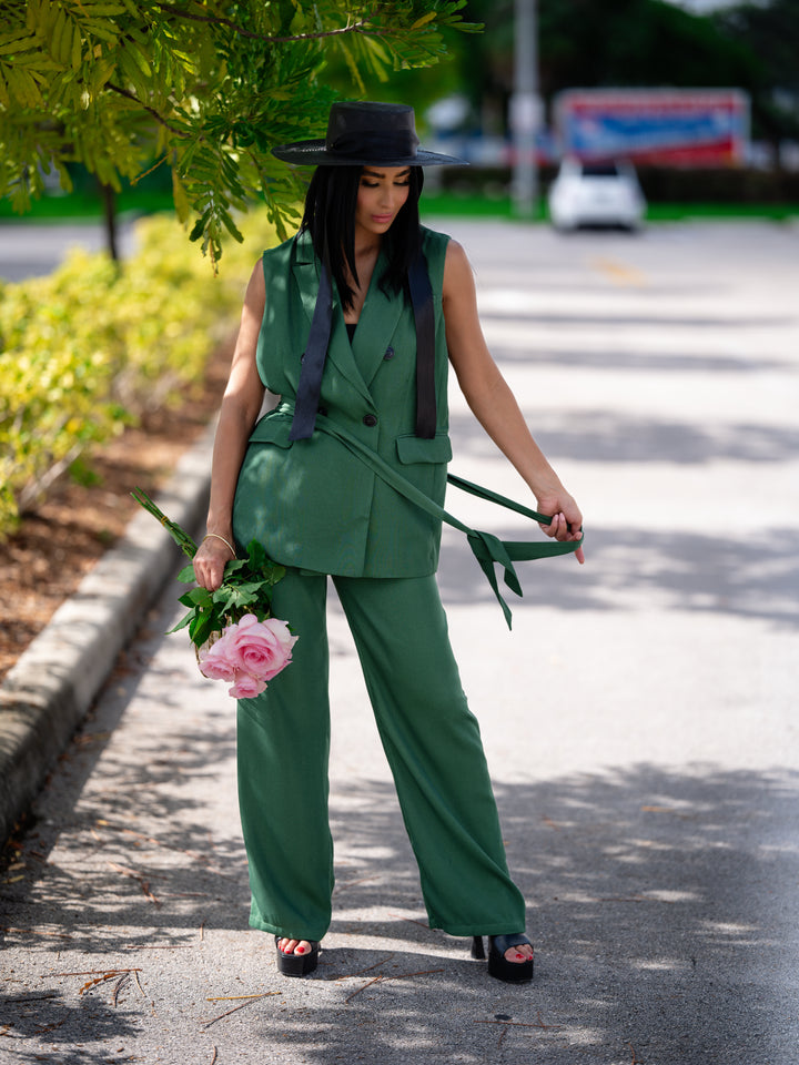 Green Wide-Leg Pants & Oversized Vest Set