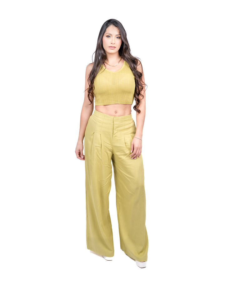 Chic Green Linen Pants & Sleeveless Shirt Set