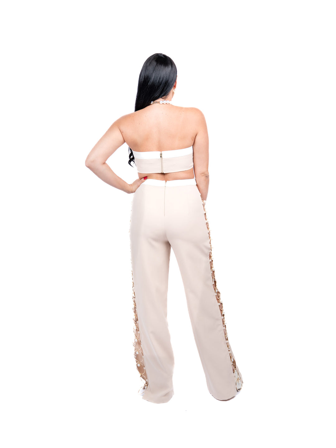 Beige Set with Side-Ring Pants and Pearl Top