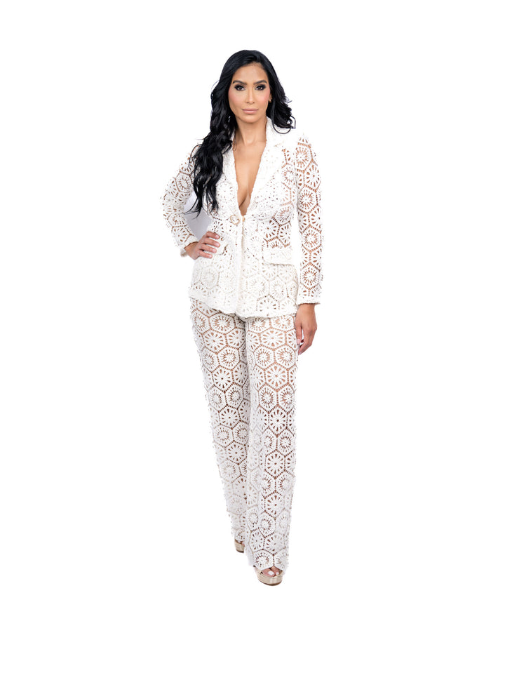 White Knit Jacket and Pants Set