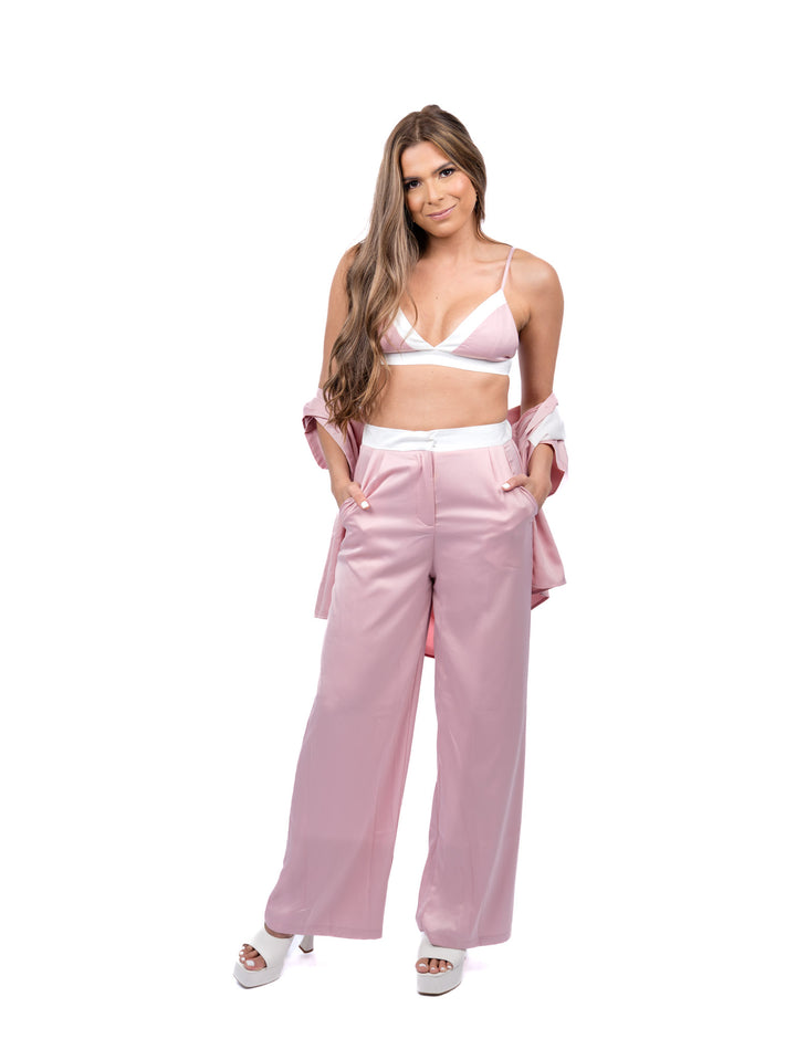 Pink Silk 3-Piece Set with White Trim