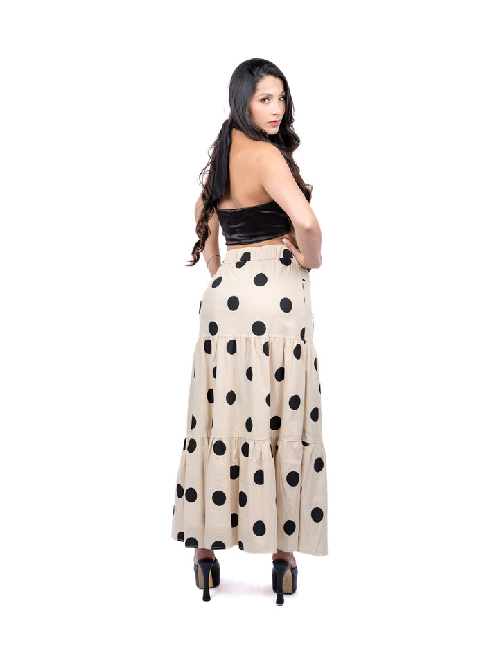 Cream Long Skirt with Black Polka Dots