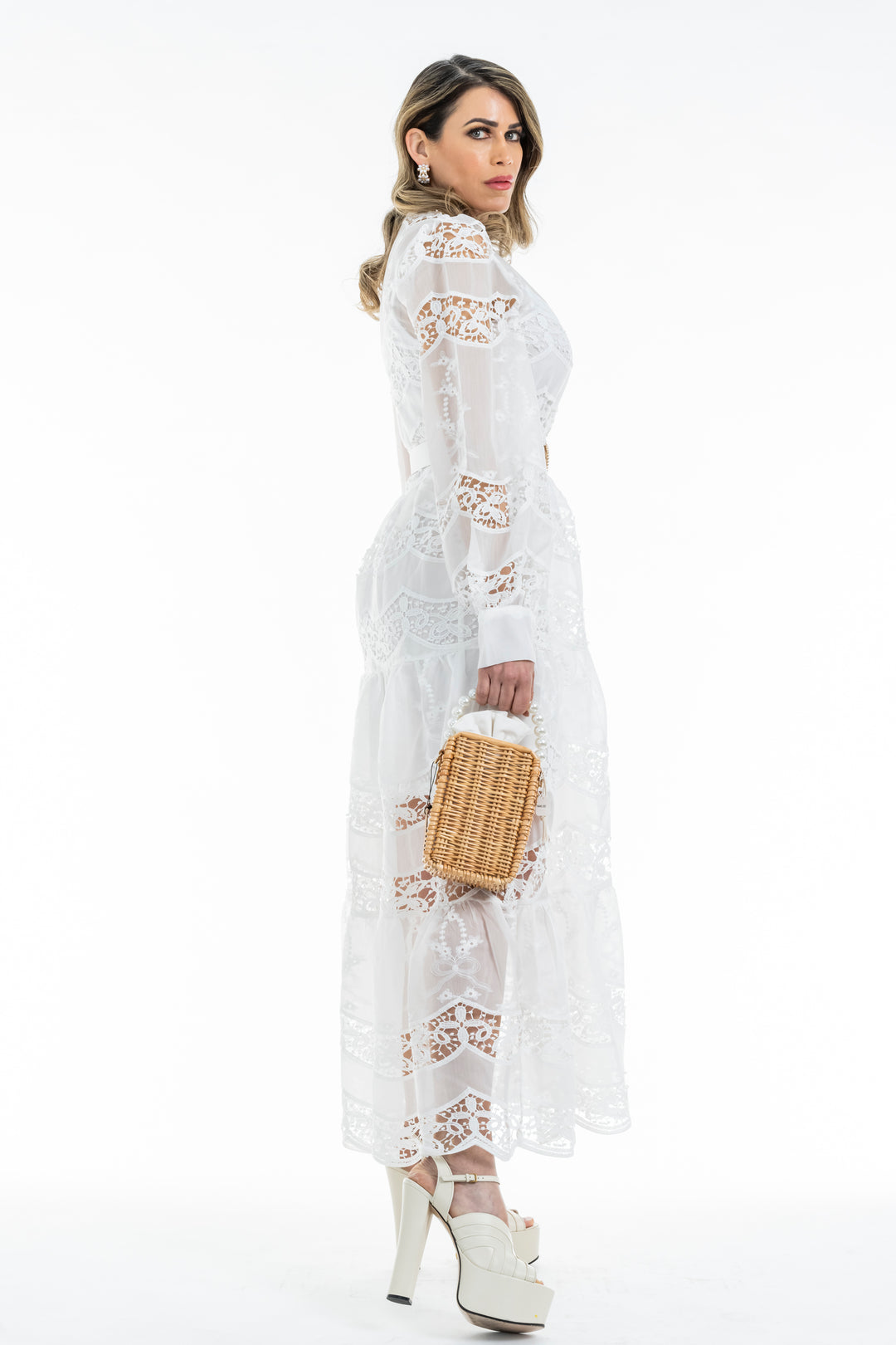 Long Lace Dress with Pearl Buttons