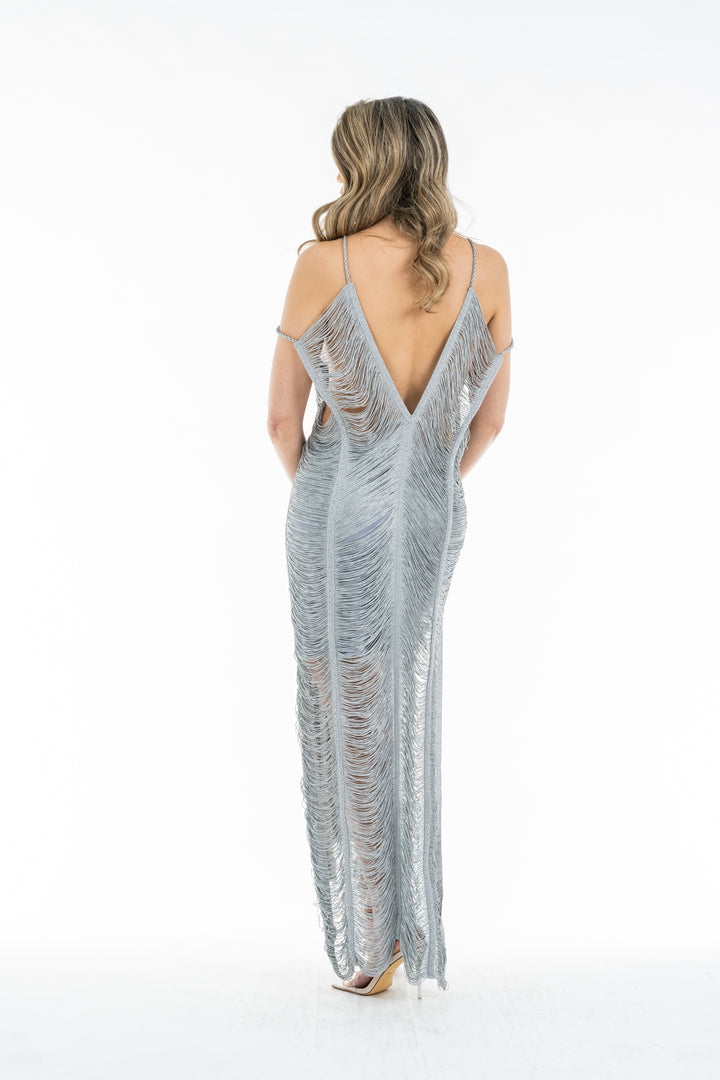 Handmade Grey Beachwear Maxi Dress with Thread Details