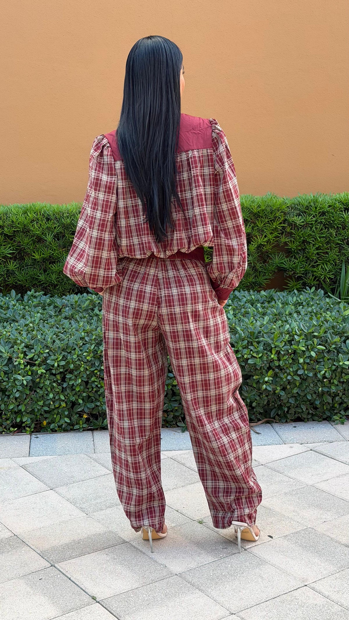 Burgundy Plaid Balloon-Sleeve Top and Pants Set