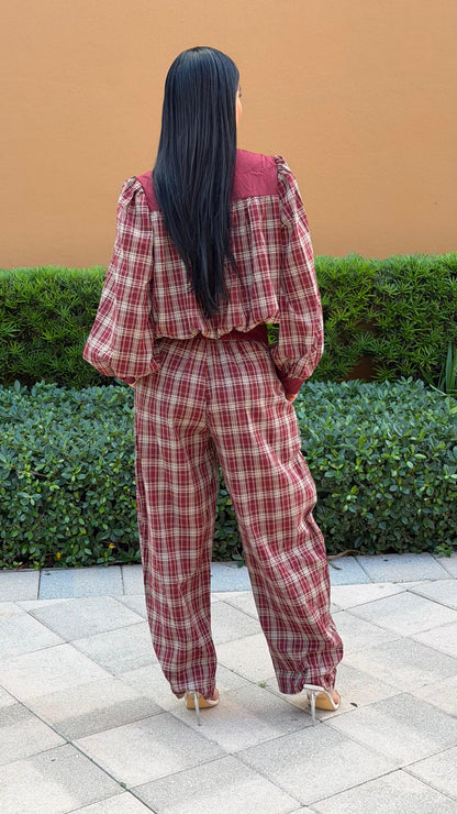 Burgundy Plaid Balloon-Sleeve Top and Pants Set