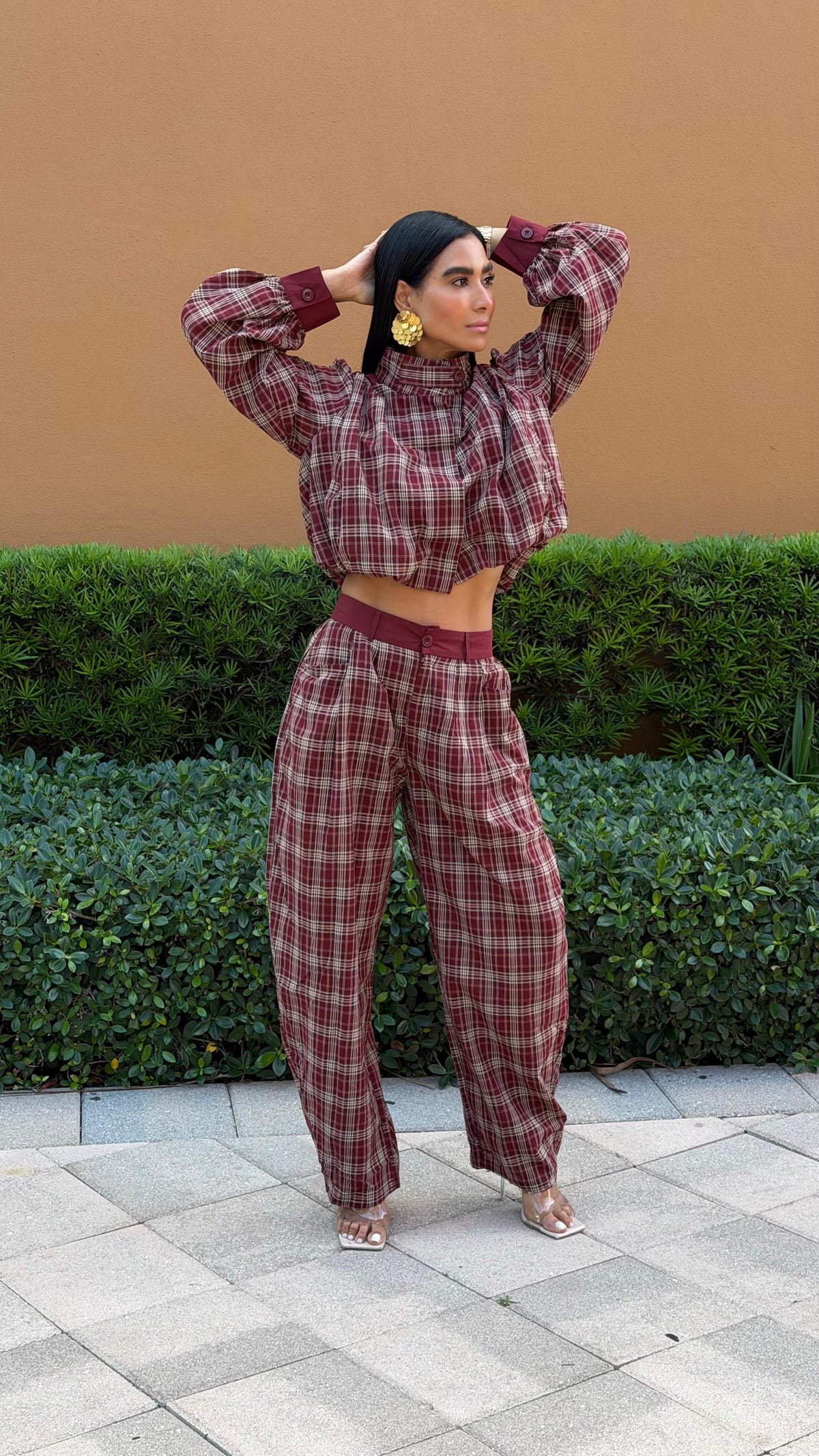 Burgundy Plaid Balloon-Sleeve Top and Pants Set