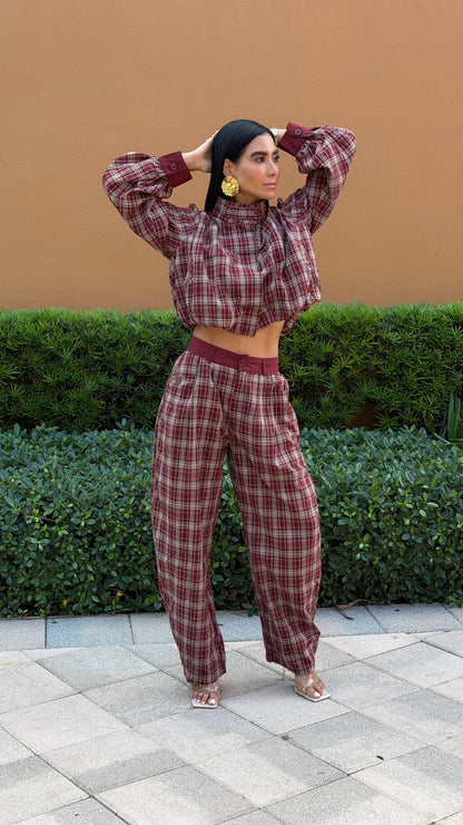 Burgundy Plaid Balloon-Sleeve Top and Pants Set