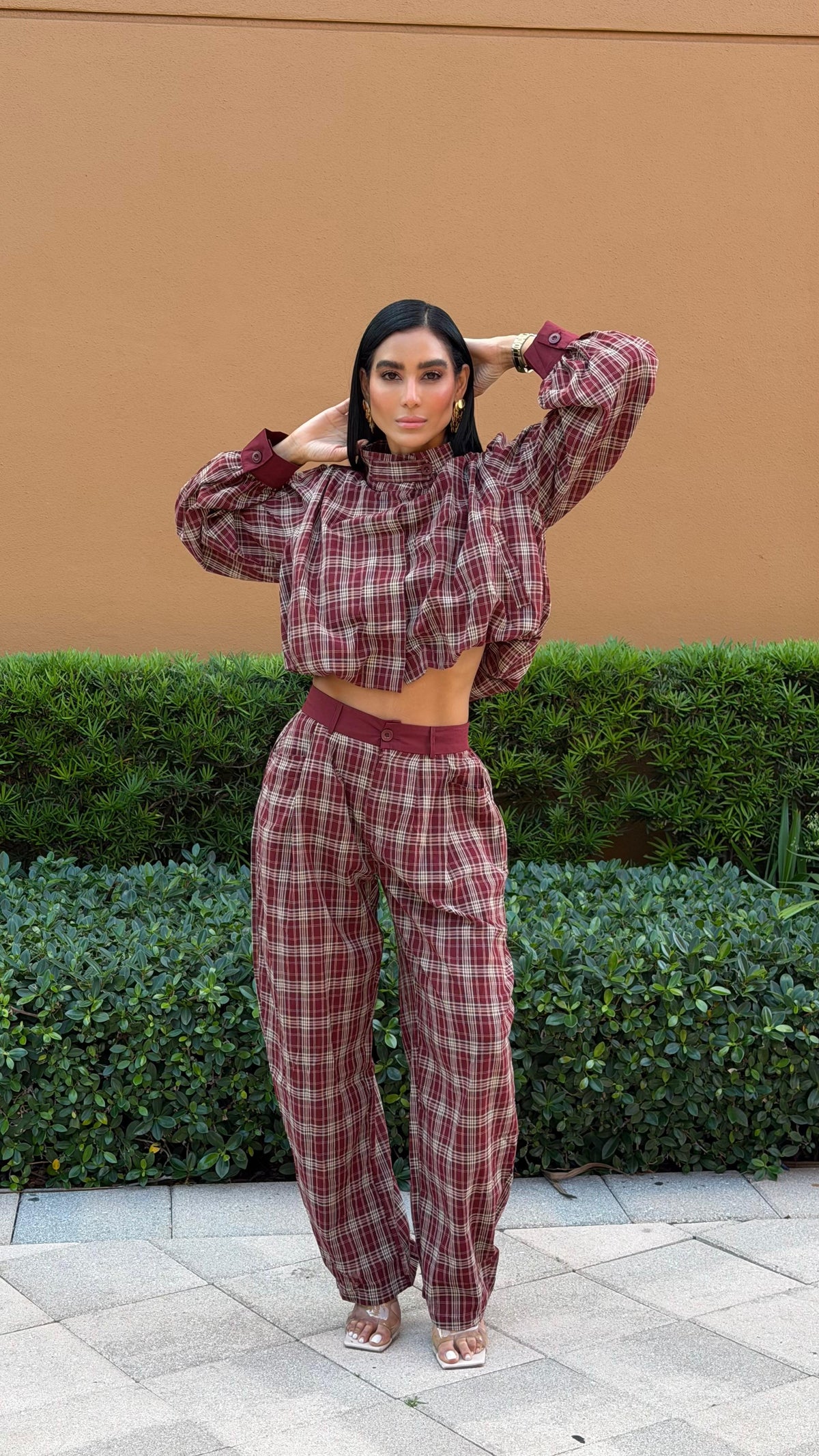 Burgundy Plaid Balloon-Sleeve Top and Pants Set