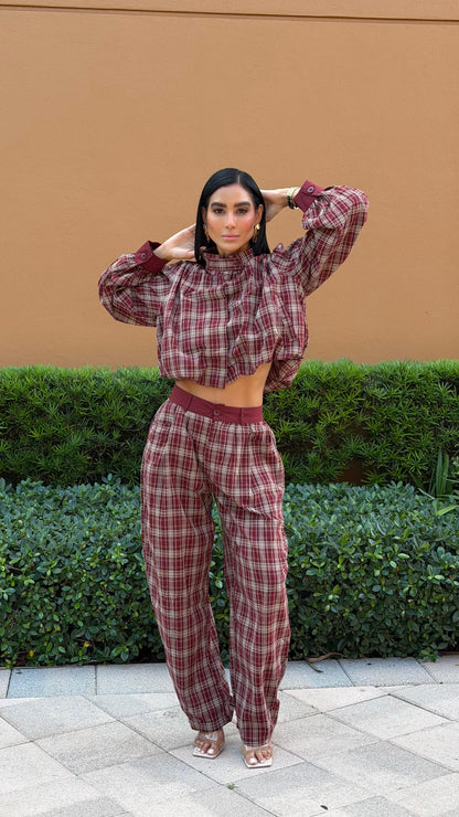 Burgundy Plaid Balloon-Sleeve Top and Pants Set