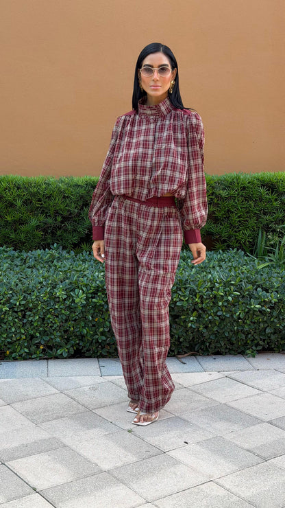 Burgundy Plaid Balloon-Sleeve Top and Pants Set