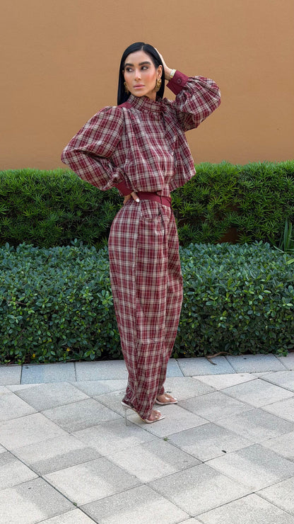 Burgundy Plaid Balloon-Sleeve Top and Pants Set
