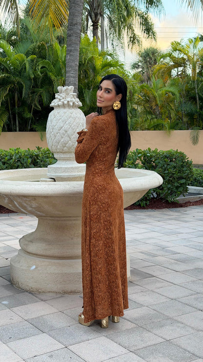 Rust Floral Lace Long-Sleeve Maxi Dress