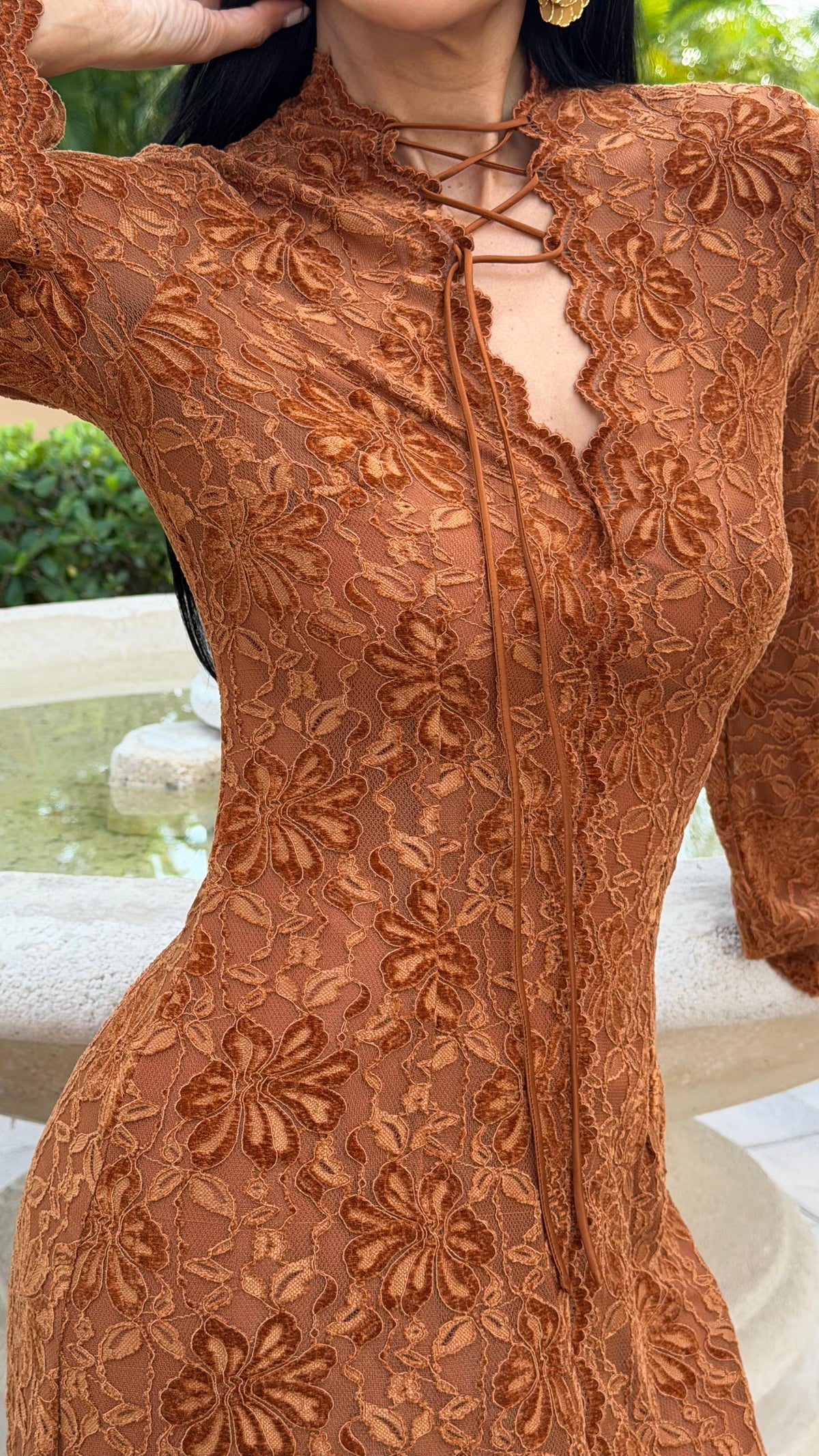 Rust Floral Lace Long-Sleeve Maxi Dress