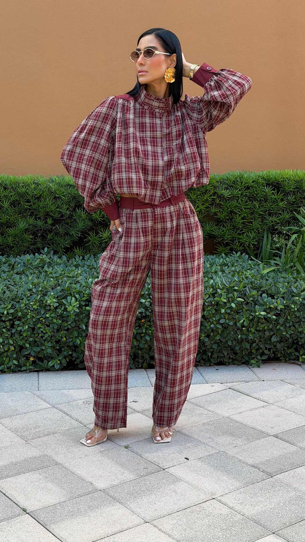 Burgundy Plaid Balloon-Sleeve Top and Pants Set