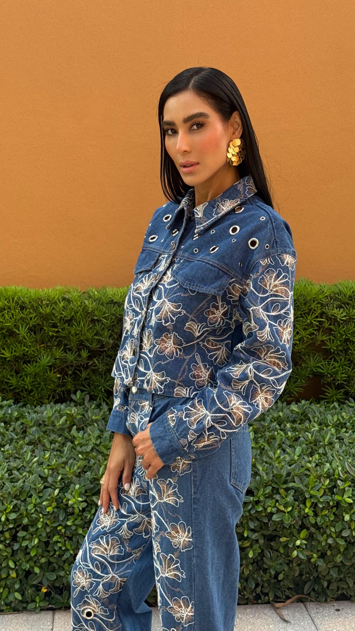 Floral Embroidered Denim Jacket and Wide-Leg Pants Set