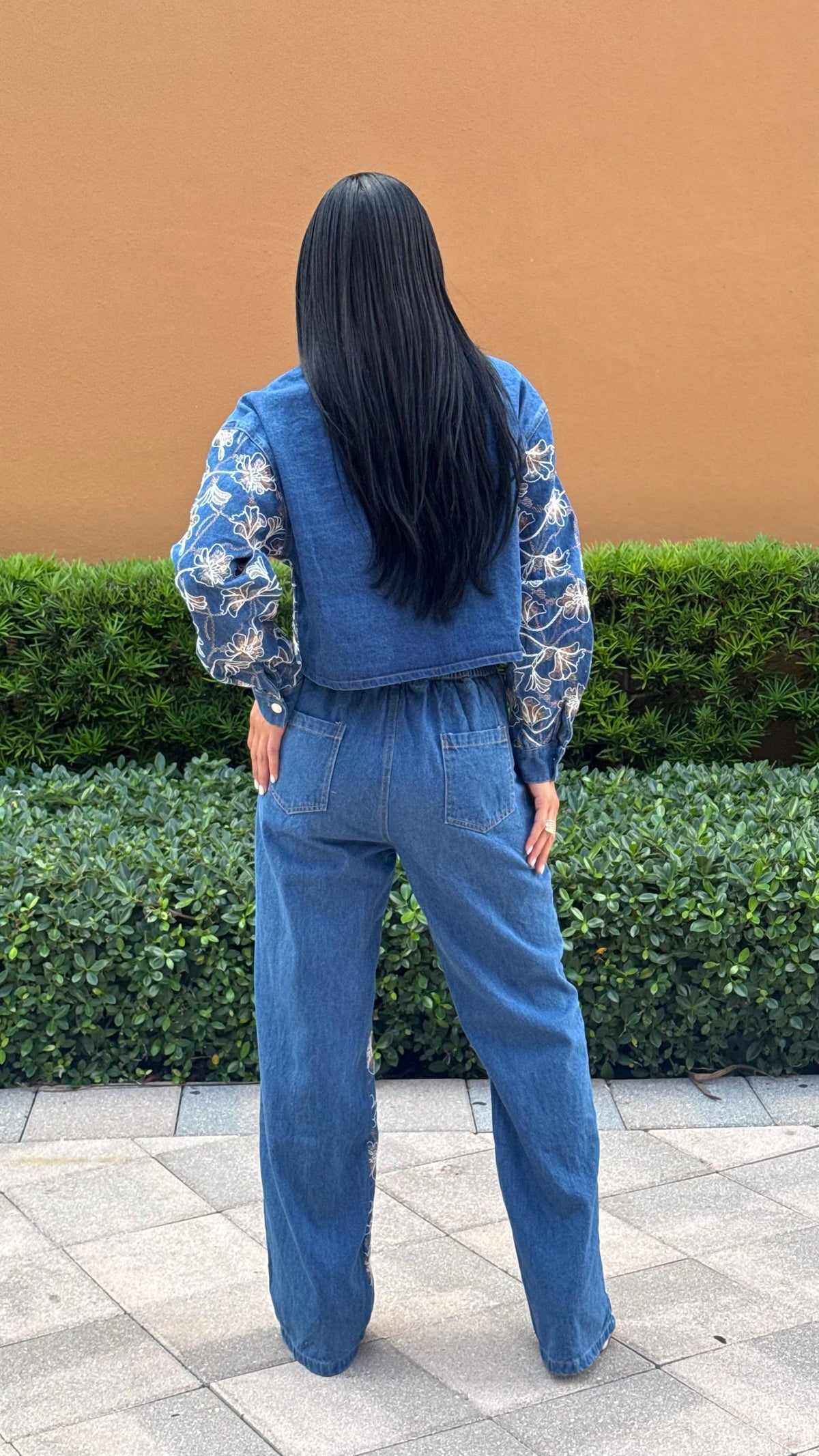 Floral Embroidered Denim Jacket and Wide-Leg Pants Set