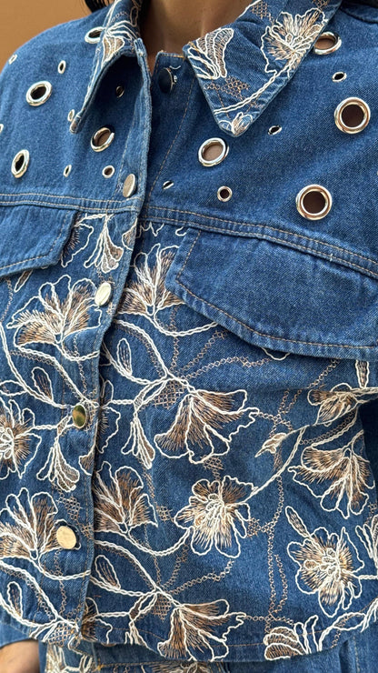 Floral Embroidered Denim Jacket and Wide-Leg Pants Set