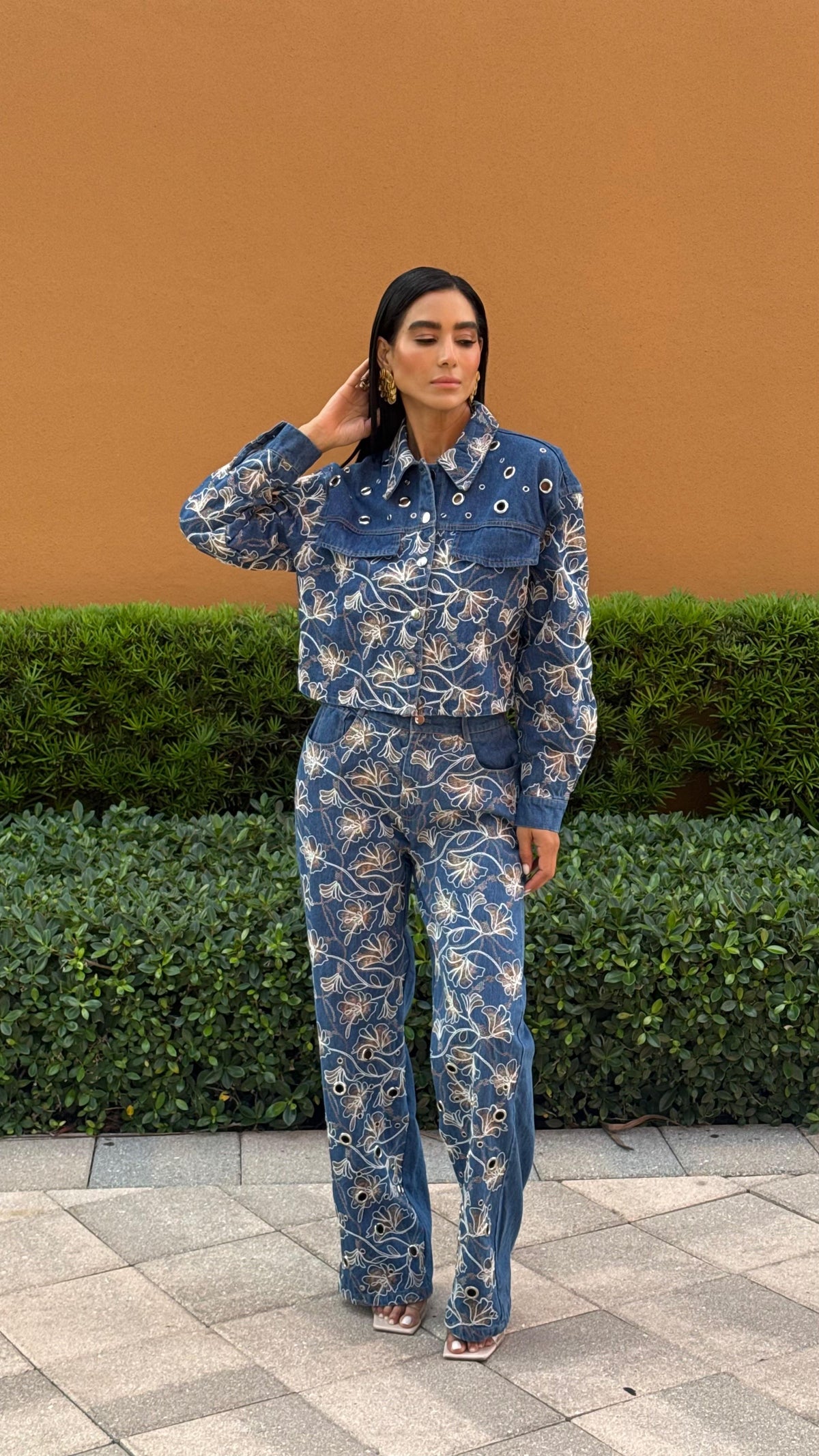 Floral Embroidered Denim Jacket and Wide-Leg Pants Set