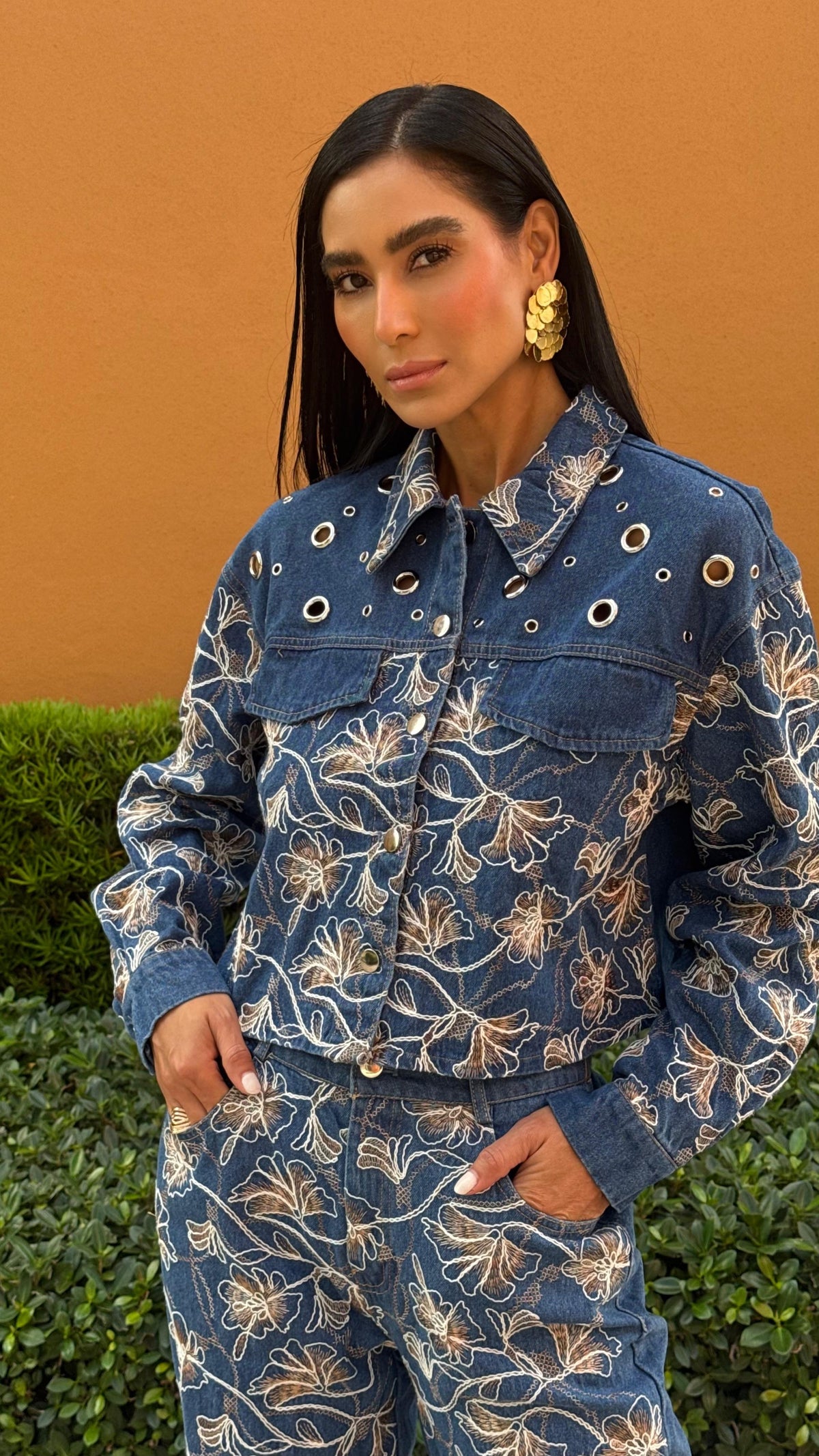 Floral Embroidered Denim Jacket and Wide-Leg Pants Set