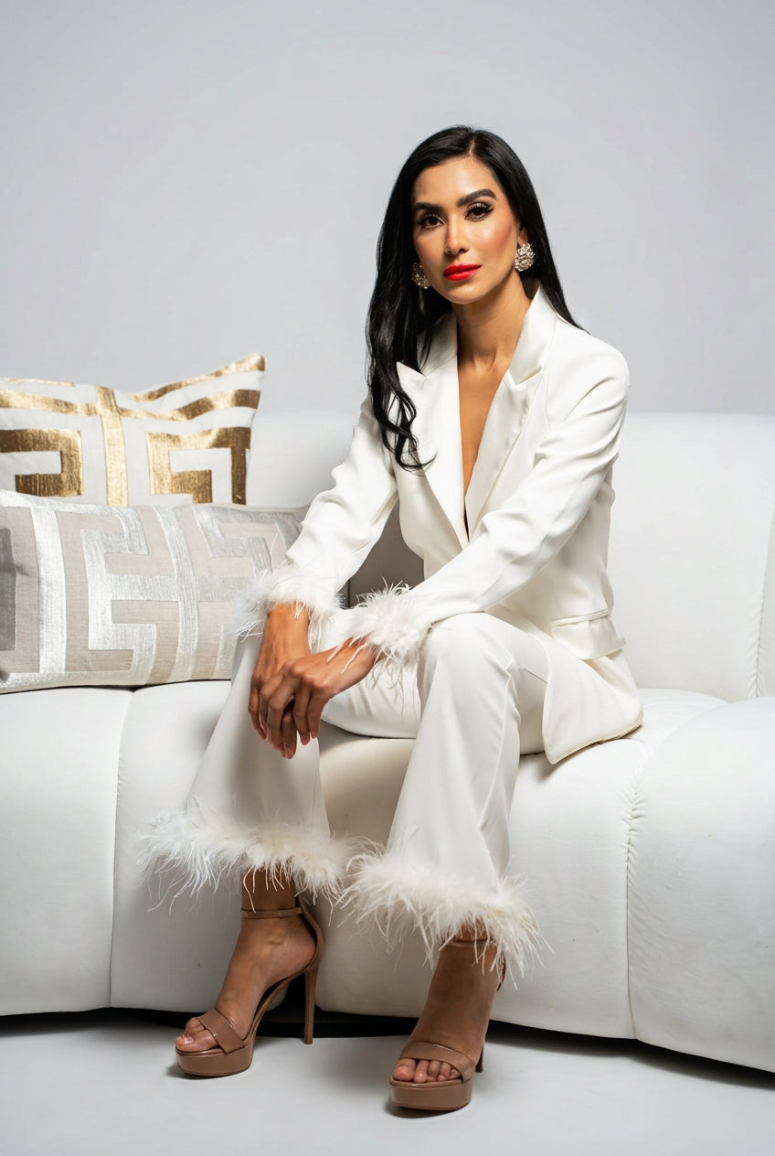 White Feather Trim Blazer & Flare Pants Set