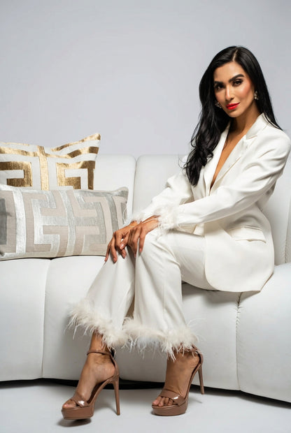 White Feather Trim Blazer & Flare Pants Set