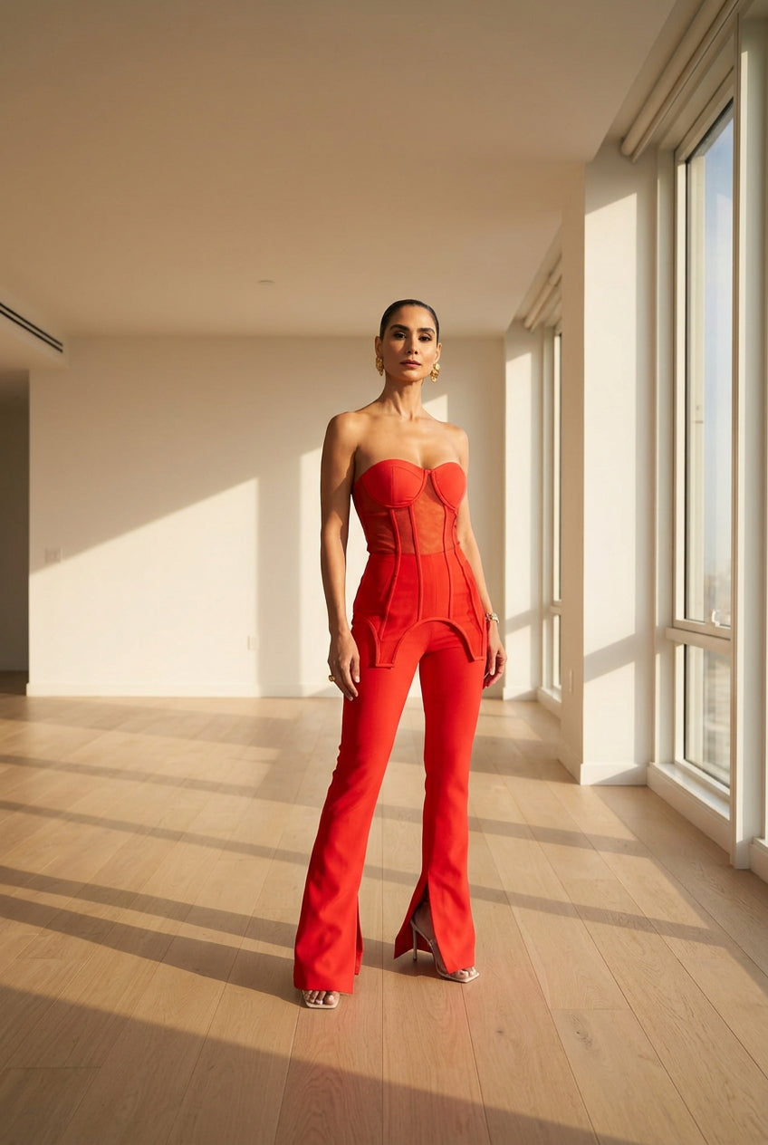 Red Corset & Flare Pants Set