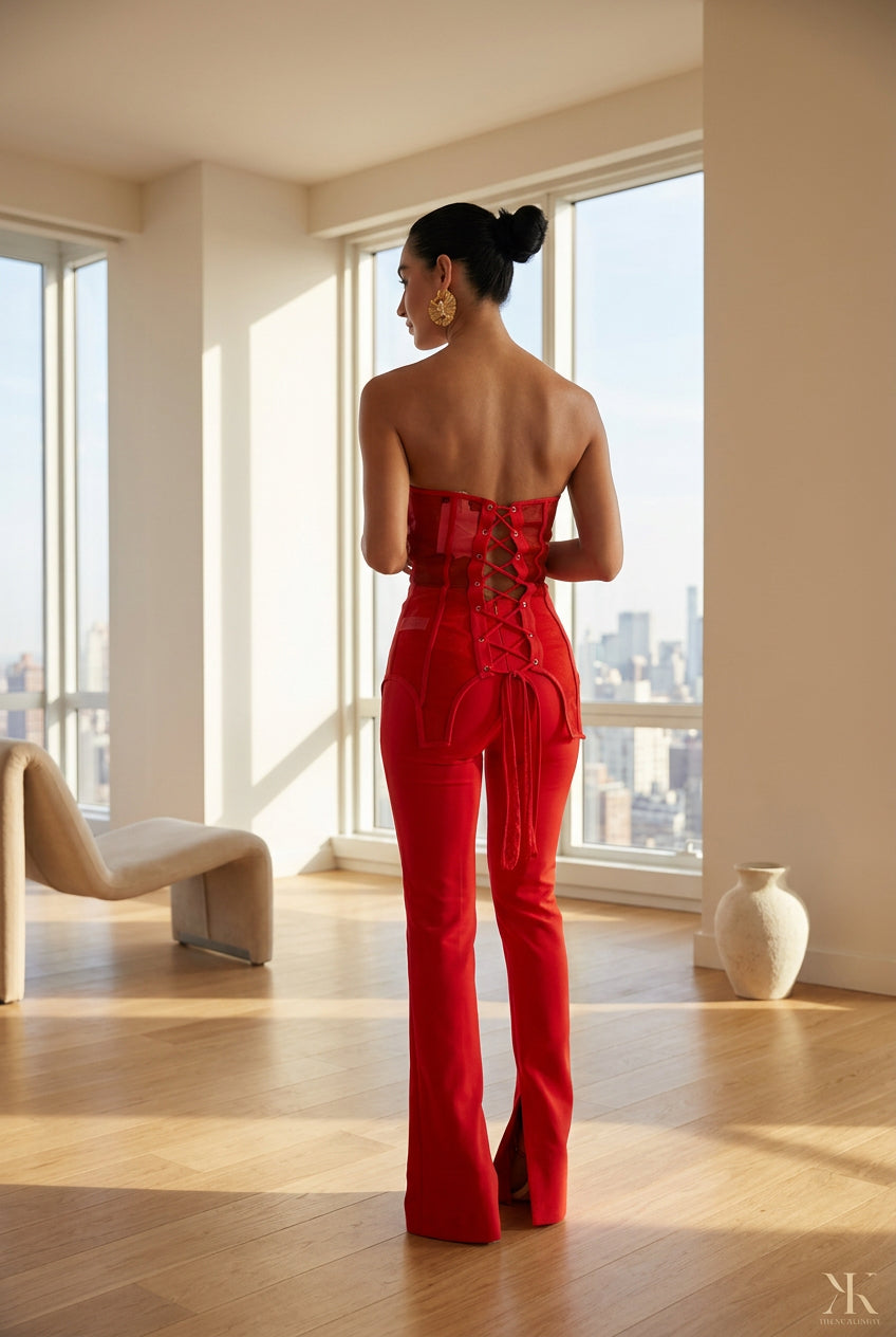 Red Corset & Flare Pants Set
